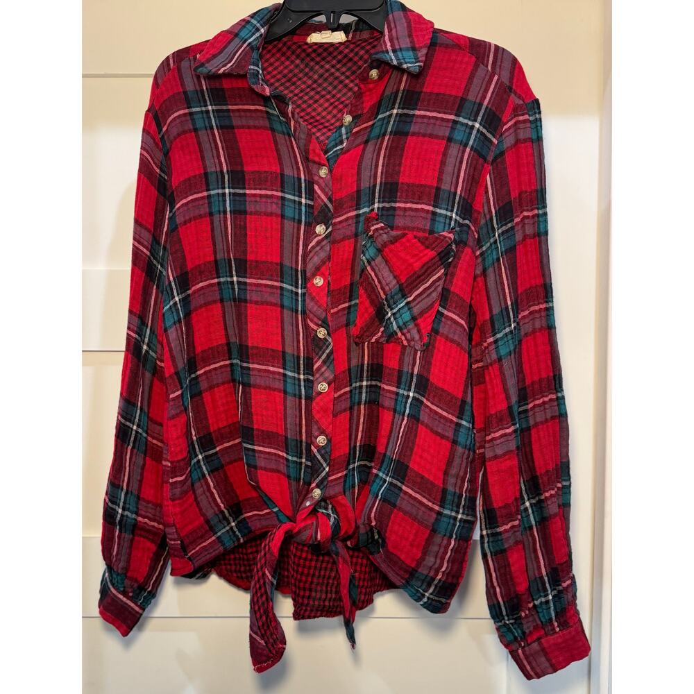 In Loom Red/Black/Teal Plaid Button Up Shirt Front Tie Gauze Women's Size Small